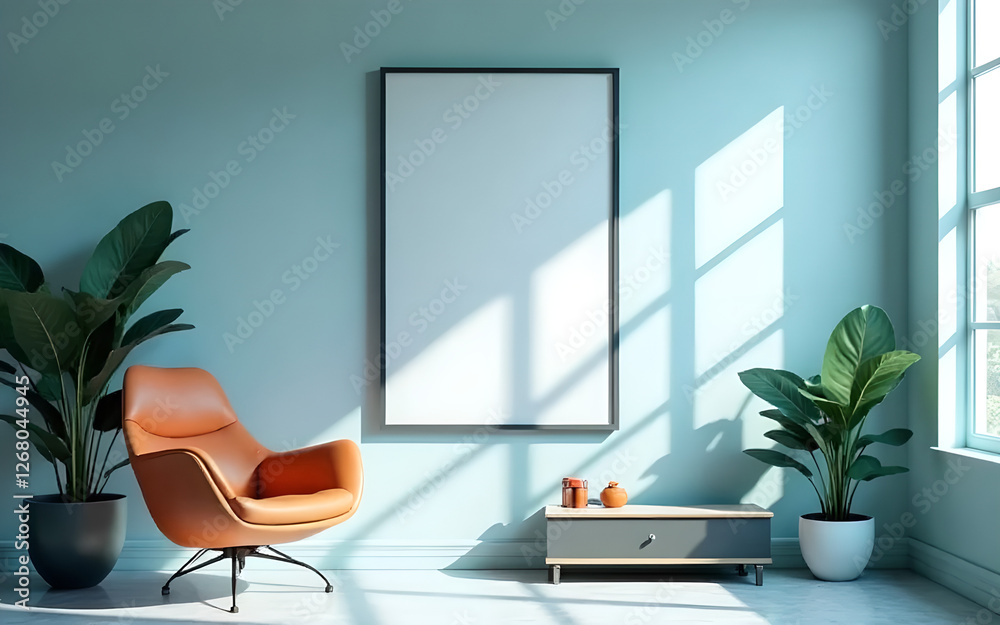Fototapeta premium Modern living room interior with comfortable armchair, blank picture frame, and plants.