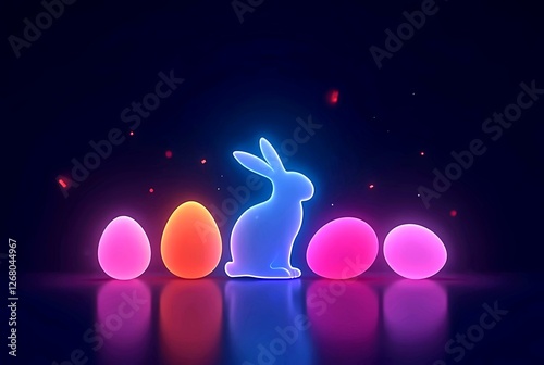  Easter design in a sleek electronic style. Glowing neon Easter eggs and a stylized bunny silhouette on a dark background. Minimalist composition with vibrant colors and soft light effects