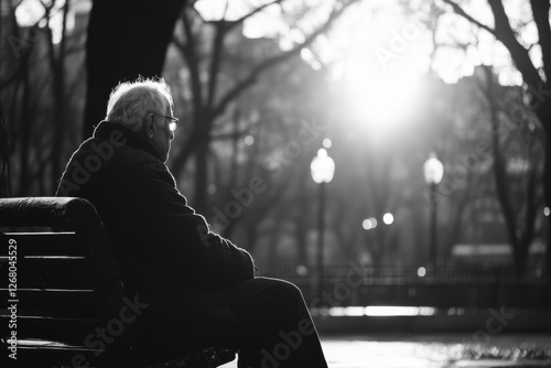 Solitary elderly person sitting on a bench in a winter park photo