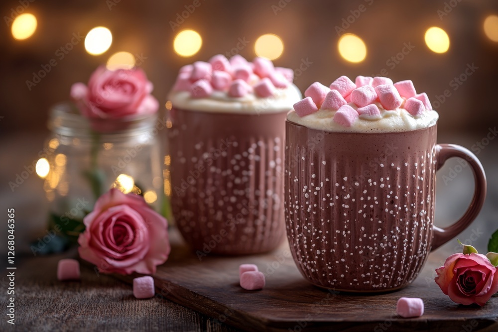 Two cups of hot chocolate topped with marshmallows and surrounded by pink roses Two cups of hot chocolate topped with marshmallows and surrounded by pink roses