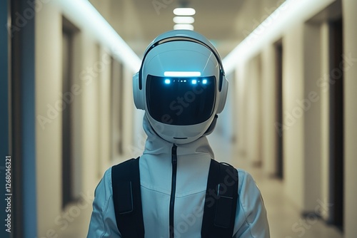 Futuristic helmeted figure standing in a modern cyberpunk environment photo