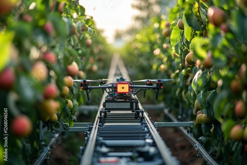 Automated robotic system harvesting apples in a futuristic agricultural setting photo