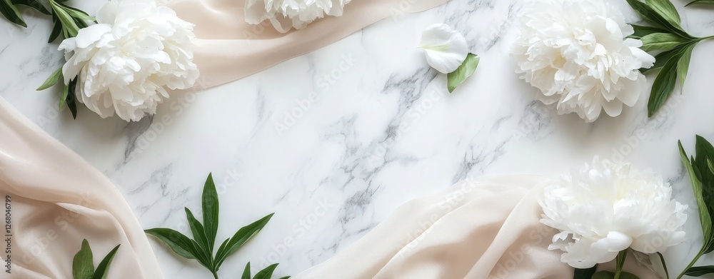 A flat lay banner with a bouquet of white peonies on white fabric, placed on a marble table. This greeting card provides copy space, suitable for spring, International Women's Day, March 8, Mother's A flat lay banner with a bouquet of white peonies on white fabric, placed on a marble table. This greeting card provides copy space, suitable for spring, International Women's Day, March 8, Mother's