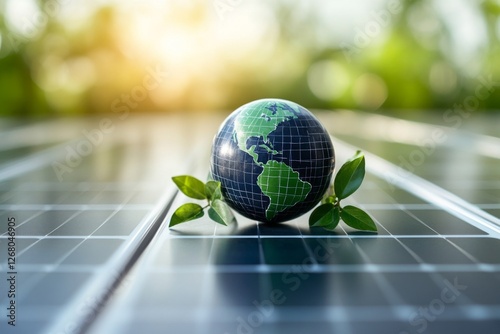 Small globe resting on a solar panel symbolizing renewable energy photo