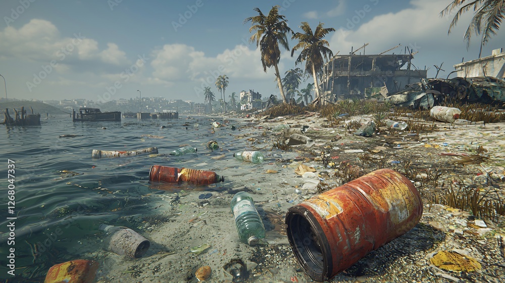 Fototapeta premium Polluted Tropical Beach, War Aftermath