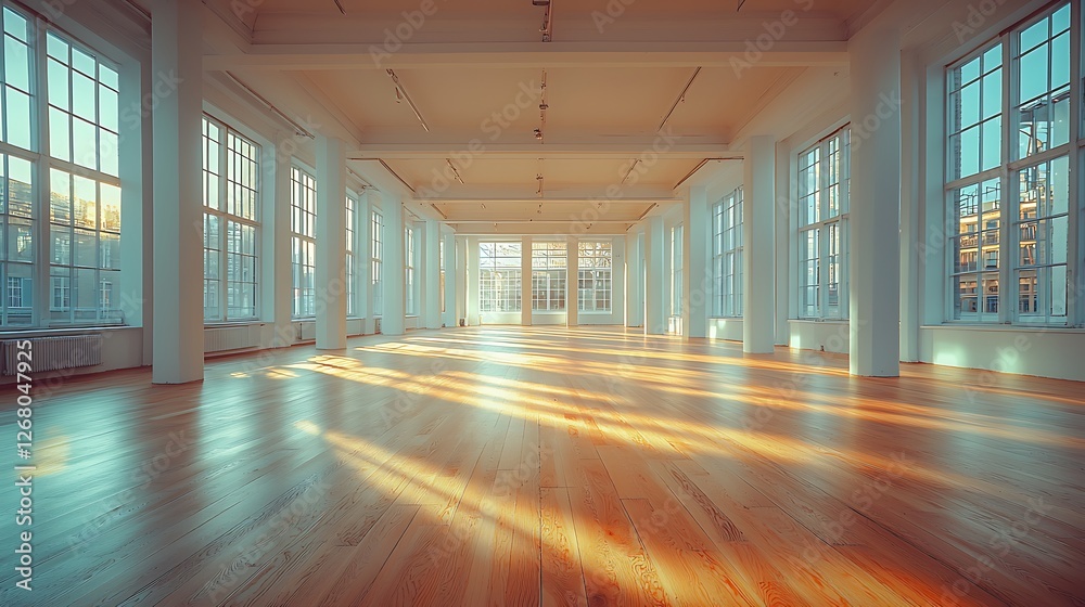 Sunlight streams into empty loft space; hardwood floors; city view; ideal for event planning Sunlight streams into empty loft space; hardwood floors; city view; ideal for event planning