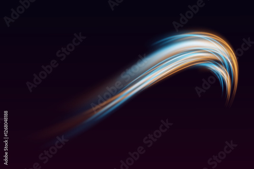 Abstract light lines of movement. Wavy bright lines. Shining gold and blue neon lines.