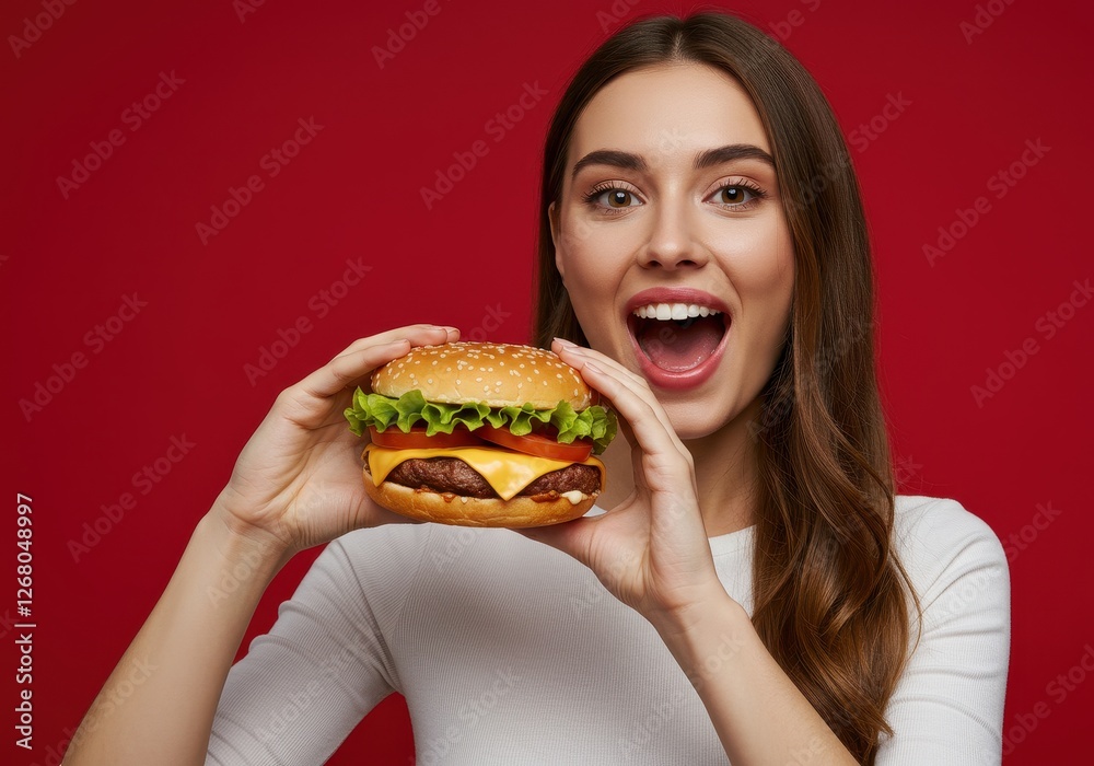 A young woman with long brown hair wearing a white shirt holding a large cheeseburger with both hands A young woman with long brown hair wearing a white shirt holding a large cheeseburger with both hands
