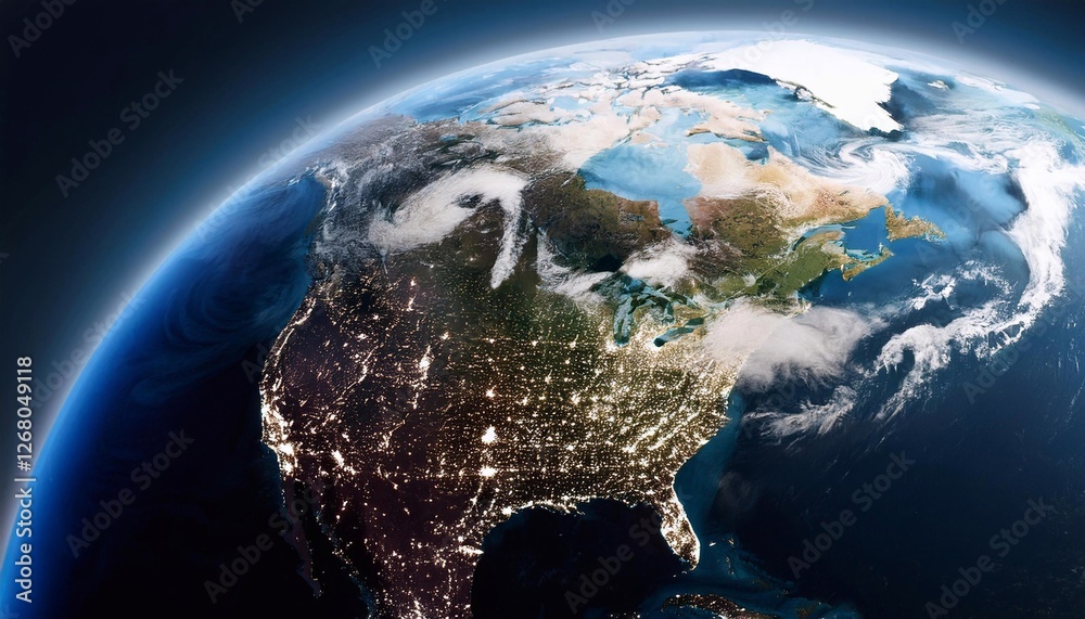 Fototapeta premium Planet earth rotating showing north america at night with city lights visible from space