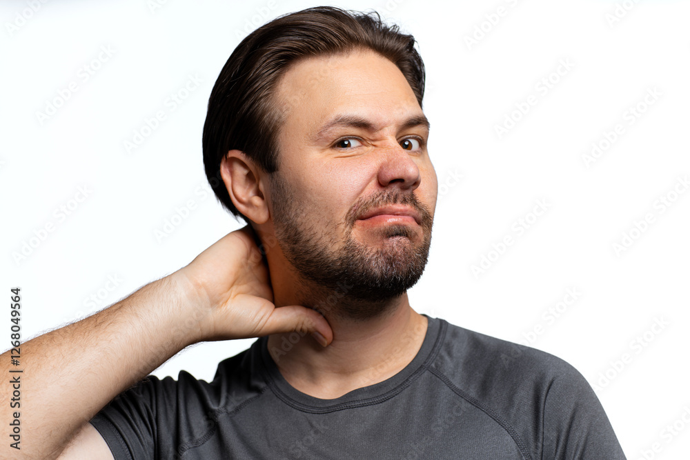 Man emotional portrait on white background, displeasure from neck pain Man emotional portrait on white background, displeasure from neck pain