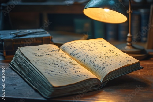 Old open book under a reading lamp on a wooden desk photo