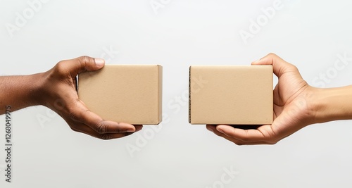 Two hands holding cardboard boxes in a side view on a white background with space for a logo. Ideal for branding, packaging, and delivery advertising.