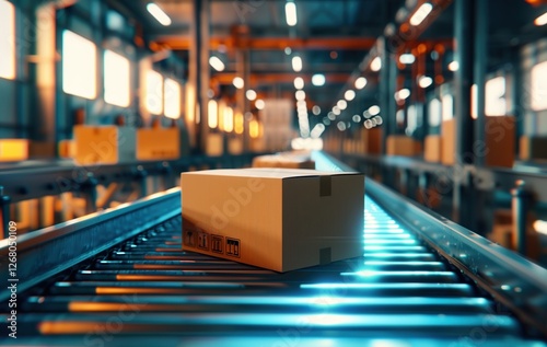 Motion-blurred cardboard boxes move swiftly on a blue roller conveyor in a bright e-commerce warehouse, symbolizing fast and efficient online shopping logistics.  . photo