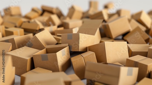 Modern 3D-rendered image of neatly stacked cardboard boxes on a beige and selvedge background, showcasing logistics, storage, and shipping solutions in e-commerce and global trade.