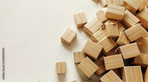 3D-rendered stack of cardboard boxes on a light beige background, showcasing various packaging materials used in commercial shipping, storage, and logistics.  .