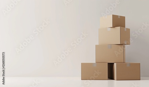 Realistic 3D pile of cardboard boxes on a clean white background, symbolizing warehouse storage, ecommerce packaging, and fast delivery services.