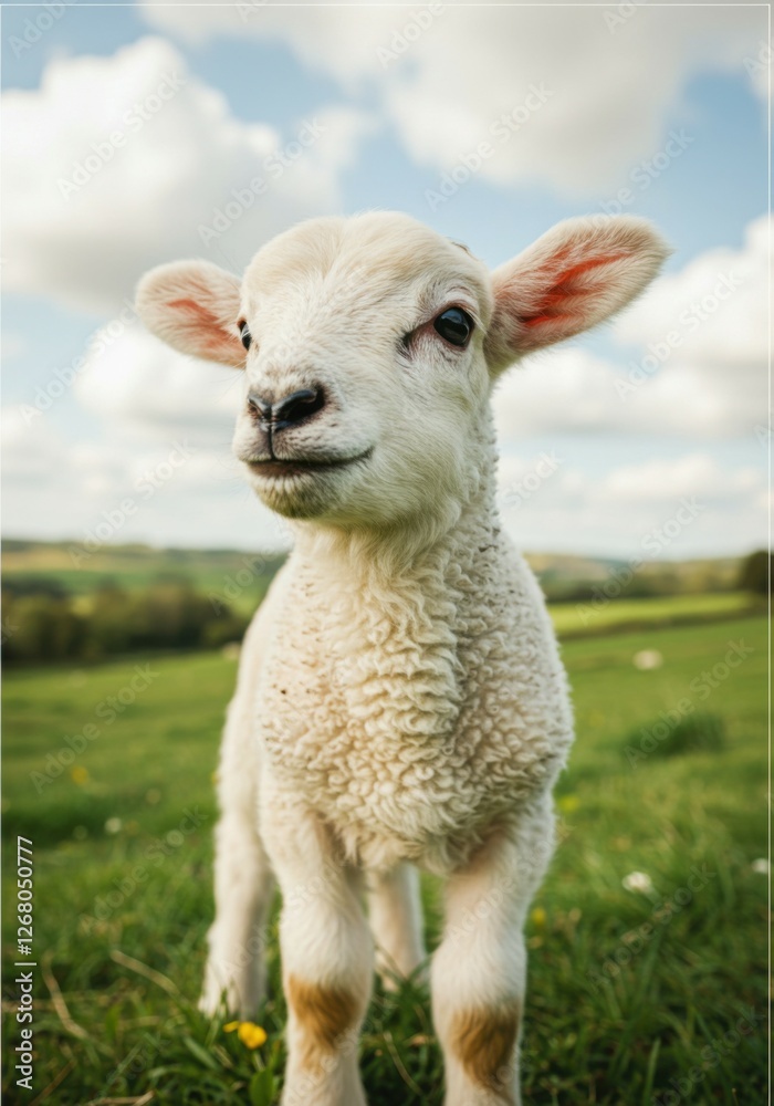 A soft, dreamy portrait of a young lamb standing in a misty meadow at sunrise. A soft, dreamy portrait of a young lamb standing in a misty meadow at sunrise.