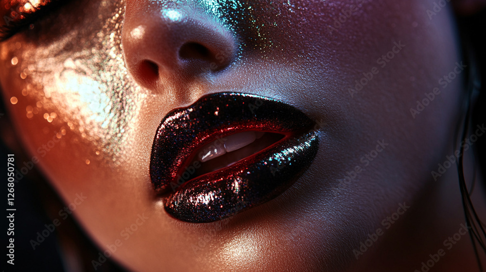 Obraz premium Close-up of a model's lips adorned with glitter and shimmering makeup at a creative photoshoot