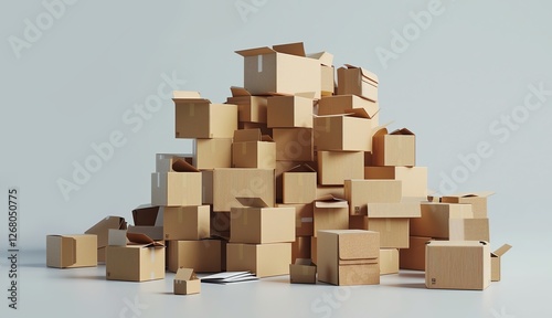 3D rendered illustration of sealed cardboard packages stacked on a beige background, symbolizing ecommerce delivery, distribution, and supply chain logistics.  .