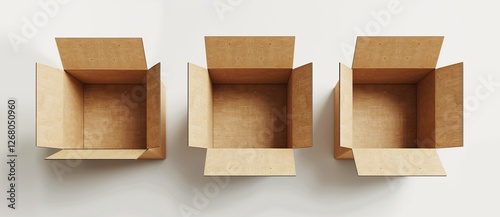 Three brown kraft cardboard boxes displayed from different angles on a white background, creating a realistic 3D effect. Ideal for packaging design, shipping, and product presentation.