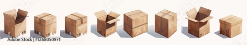 Multiple brown kraft cardboard boxes displayed from different angles in 3D on a white background. Ideal for packaging, delivery, and ecommerce branding mockups.
