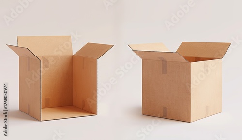 Two 3D brown cardboard boxes on a white background, shown from different angles. Suitable for product packaging, logistics, and branding mockups.