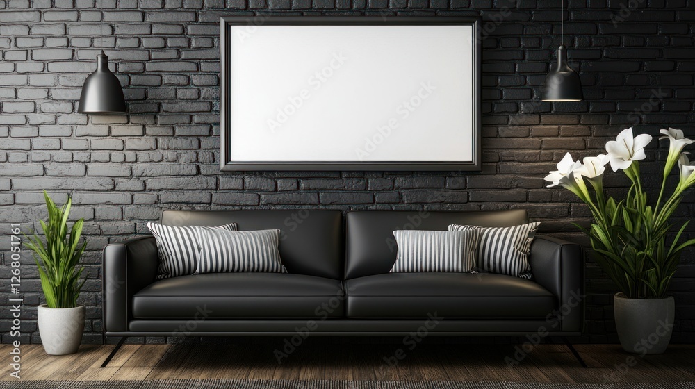 Modern Black Leather Sofa with Blank Frame and Plants Modern Black Leather Sofa with Blank Frame and Plants