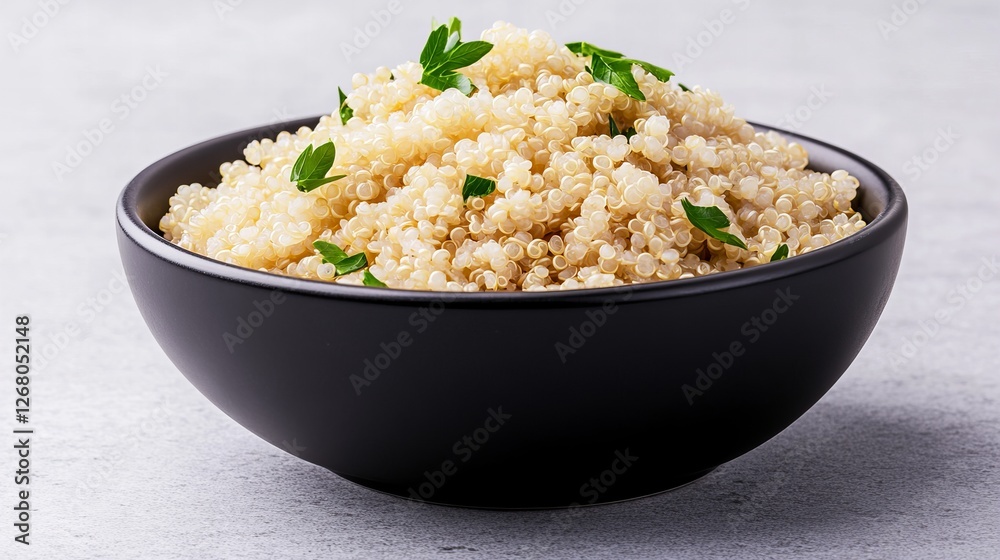 A bowl of cooked quinoa, garnished with fresh herbs. A healthy and delicious meal. A bowl of cooked quinoa, garnished with fresh herbs. A healthy and delicious meal.