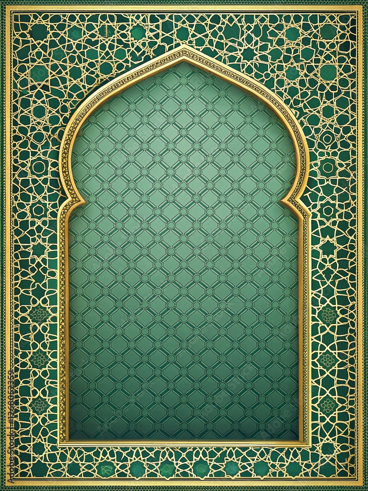 Obraz premium Islamic archway, green mosque design, ornate gold frame, background texture, greeting card