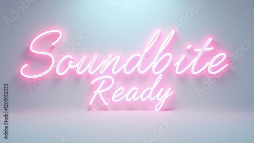 A neon sign in bright pink reads Soundbite Ready, illuminated against a light background photo