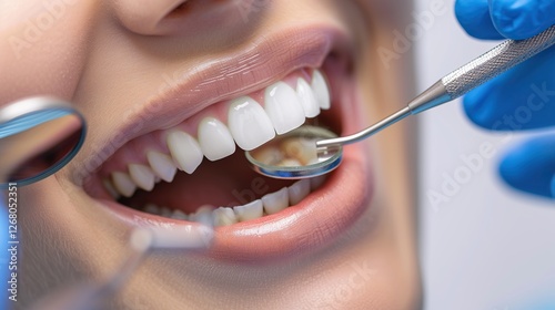 Close-up of a dentist checking a patient's teeth using a mirror and dental instruments. The young woman has a beautiful smile and clean white teeth. A bright and professional dental office