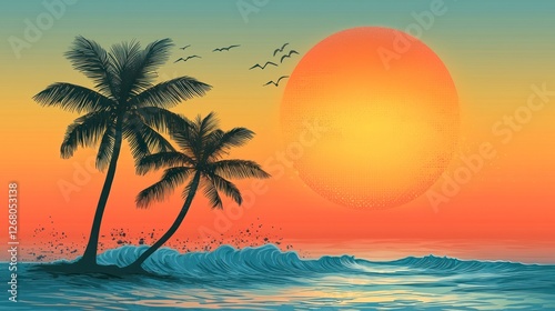 Best beach sunset panorama. Tropical landscape scene. Amazing sunset sea view with palm leaves and two lounge chairs with umbrella. Luxury lifestyle, travel and summer vacation background