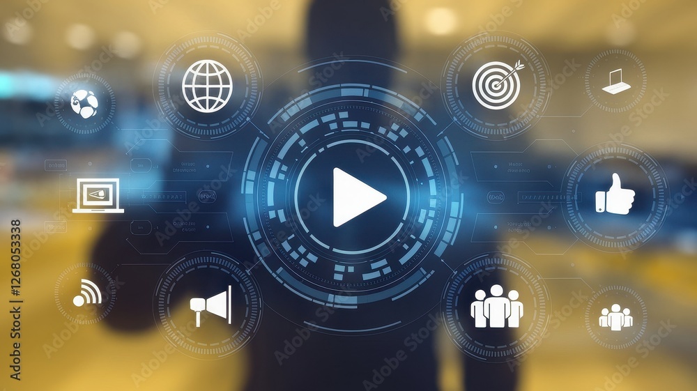 Fototapeta premium Social media marketing with central play button technology interface