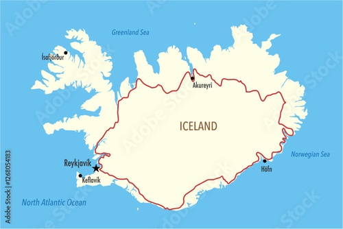 Vector Map of Iceland with Major Cities and Ring Road Route - Infographic