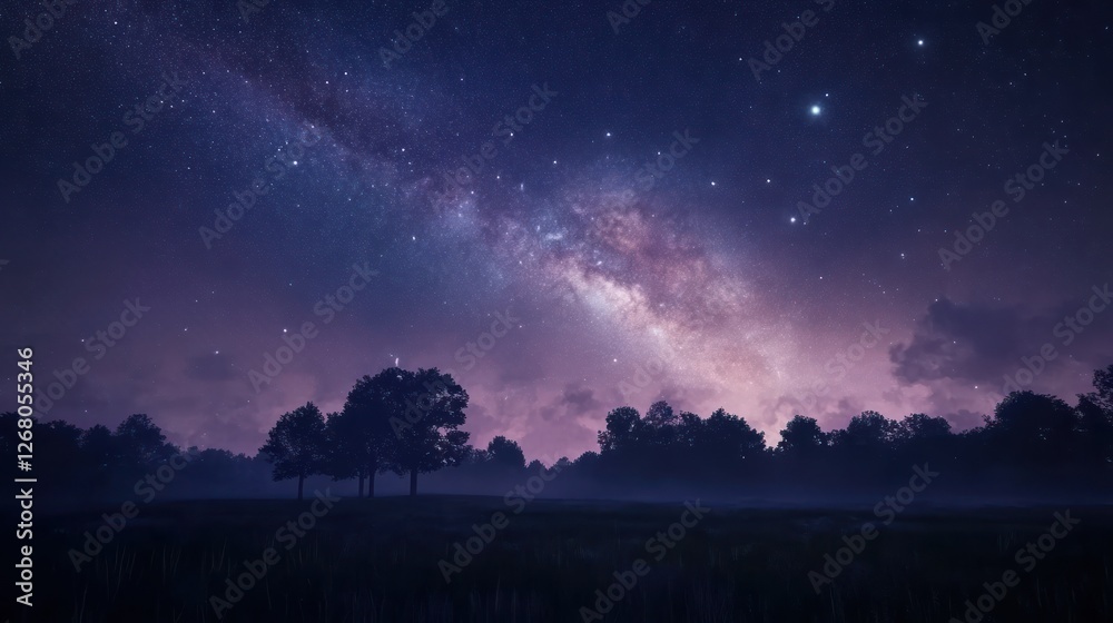 Night sky Milky Way over field, trees, fog, nature Night sky Milky Way over field, trees, fog, nature