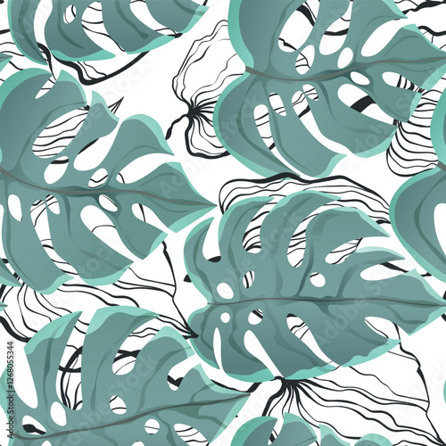 Floral seamless with hand drawn color exotic monstera leaves. Cute summer background. Tropic branches. Modern floral compositions. Fashion vector illustration for wallpaper, fabric, textile.