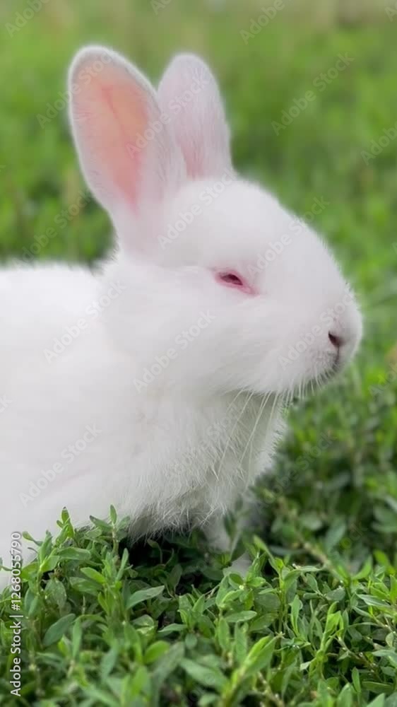 An adorable and cute white rabbit sitting on soft green grass surrounded by nature An adorable and cute white rabbit sitting on soft green grass surrounded by nature
