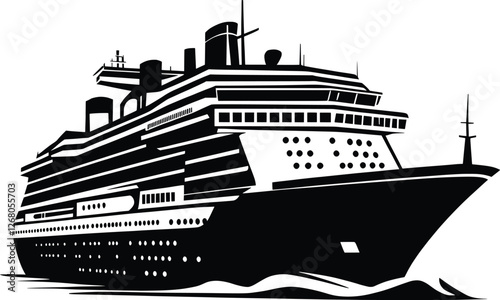 High-Contrast Black And White Vector Illustration Of Cruise Ship