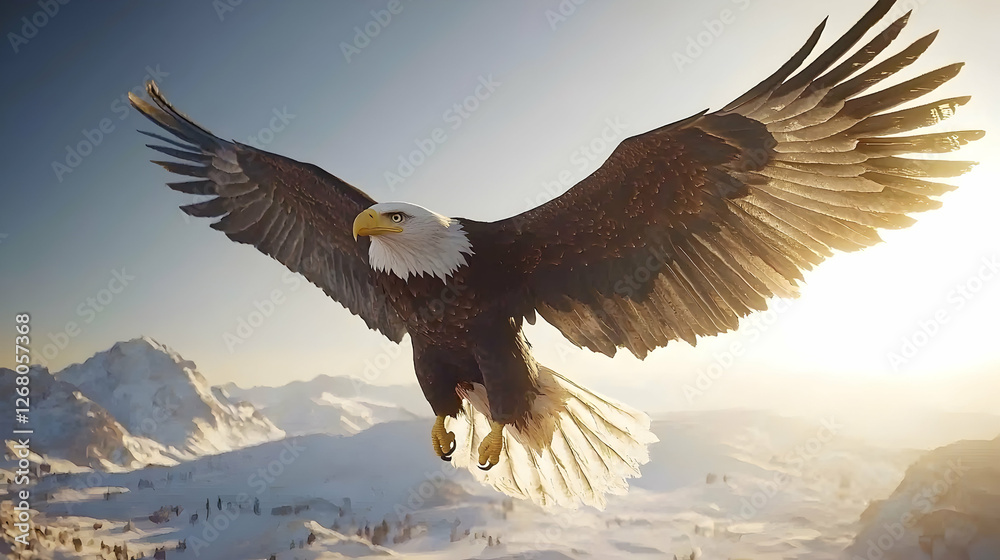 Fototapeta premium Majestic Bald Eagle Soaring Over Snowy Mountains at Sunrise