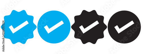 Verified badge profile set. Instagram verified badge. Social media account verification icons. Blue check mark icon. Profile verified badge.