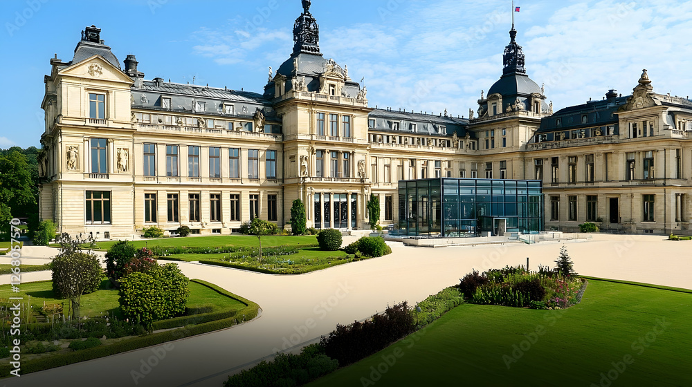 Obraz premium Luxurious Chateau Gardens Sunny Day Event
