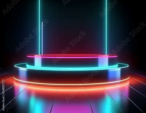 Neon lights on a podium in a dark room.