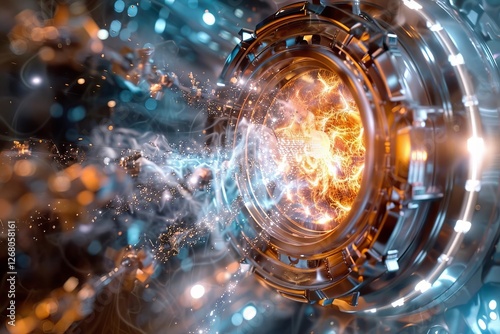 Close-up shot of a futuristic electromagnetic machine emitting energy particles and surrounded by gravitational fields, creating a mesmerizing display of motion