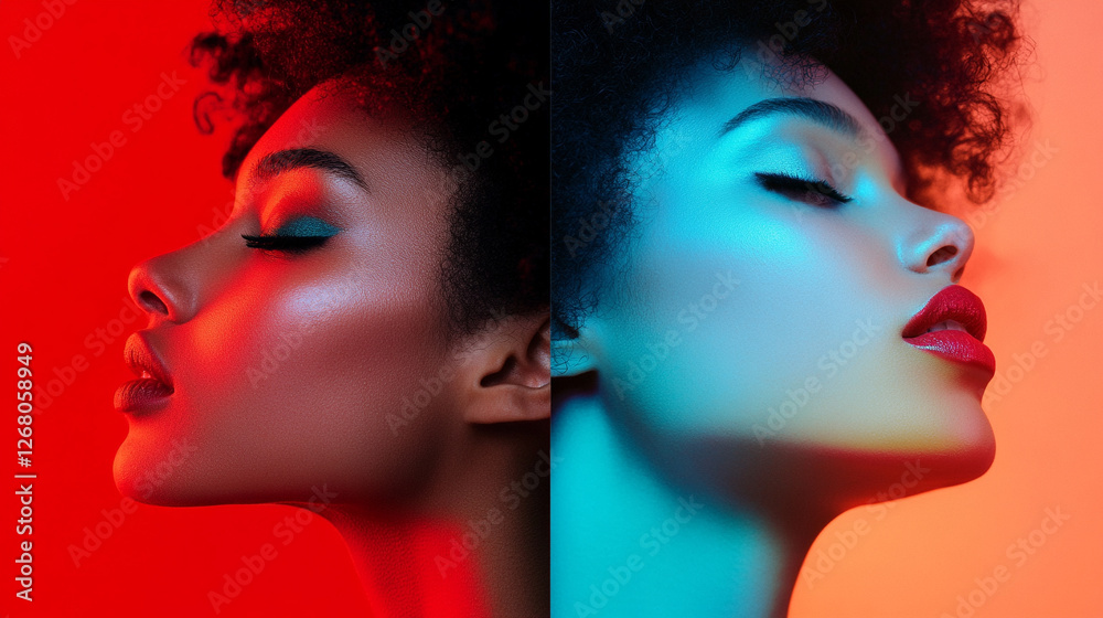 Portrait of a woman with vibrant lighting showcasing her features and makeup techniques Portrait of a woman with vibrant lighting showcasing her features and makeup techniques