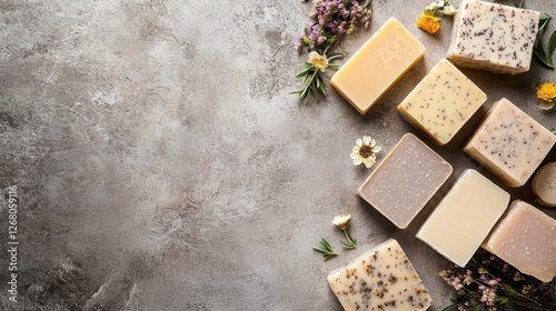 Organic handmade soap with floral decorations on neutral background
