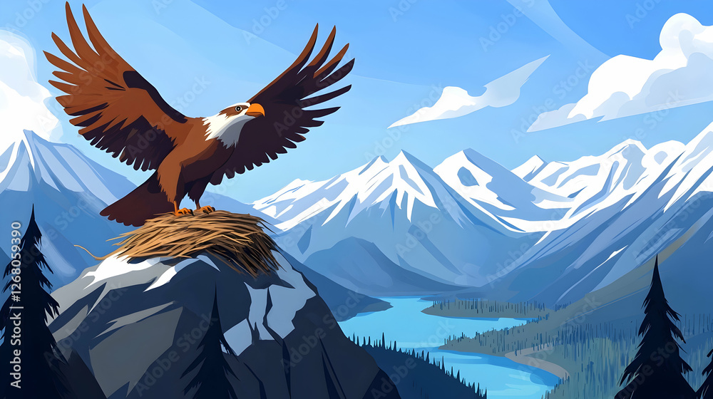 Fototapeta premium Majestic eagle landing on mountaintop nest overlooking serene valley, ideal for nature documentaries or travel brochures