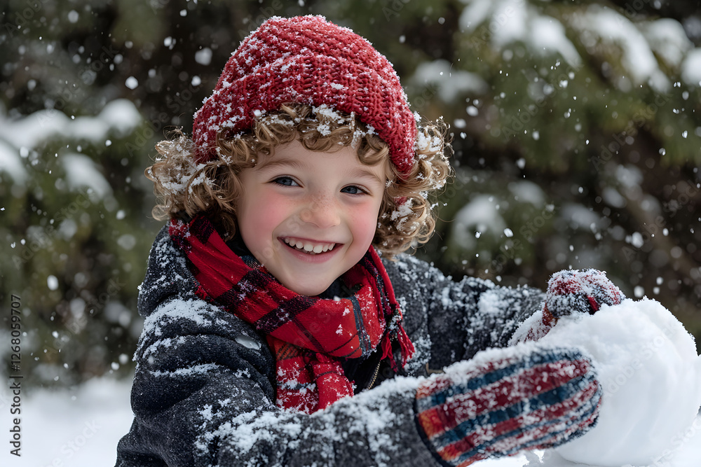 Cheerful child plays in the snow while making a snowball wearing a red hat and scarf during winter Cheerful child plays in the snow while making a snowball wearing a red hat and scarf during winter