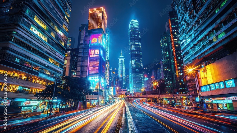Vibrant Nighttime Hong Kong Cityscape With Light Trails Vibrant Nighttime Hong Kong Cityscape With Light Trails