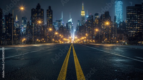 Nighttime Cityscape View From Empty Roadway photo