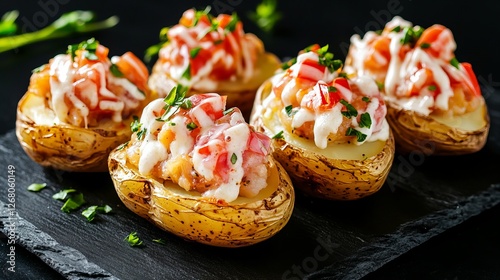 Close-up of delicious baked potatoes topped with creamy salmon and tomato salsa. A perfect appetizer or light meal.